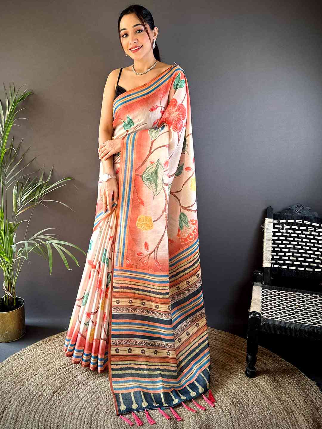 Floral Blush Pink Chanderi Saree