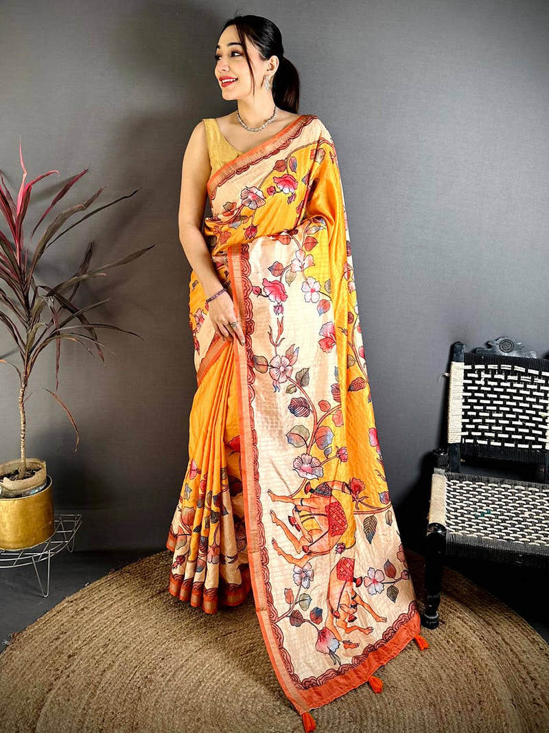 Artistic Kalamkari Art Print Saree