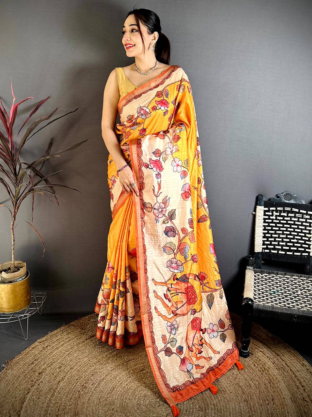 Artistic Kalamkari Art Print Saree