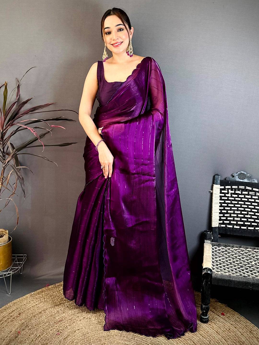 Wine Soft Chinon Chiffon Embroidered Saree