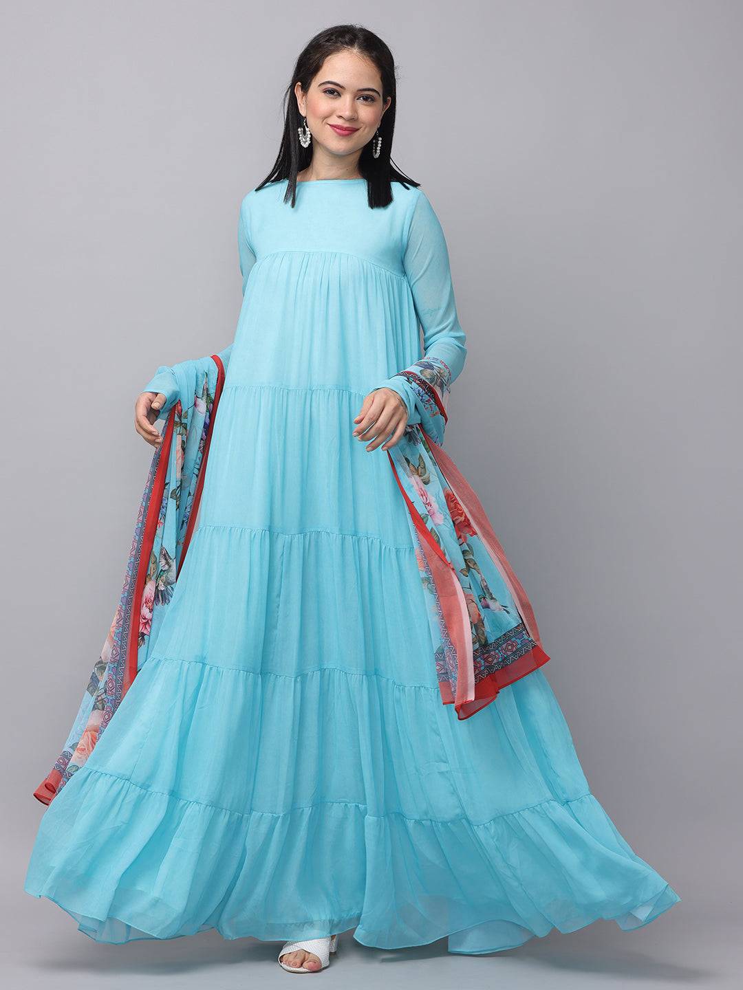Powder blue long dress with floral dupatta, front view