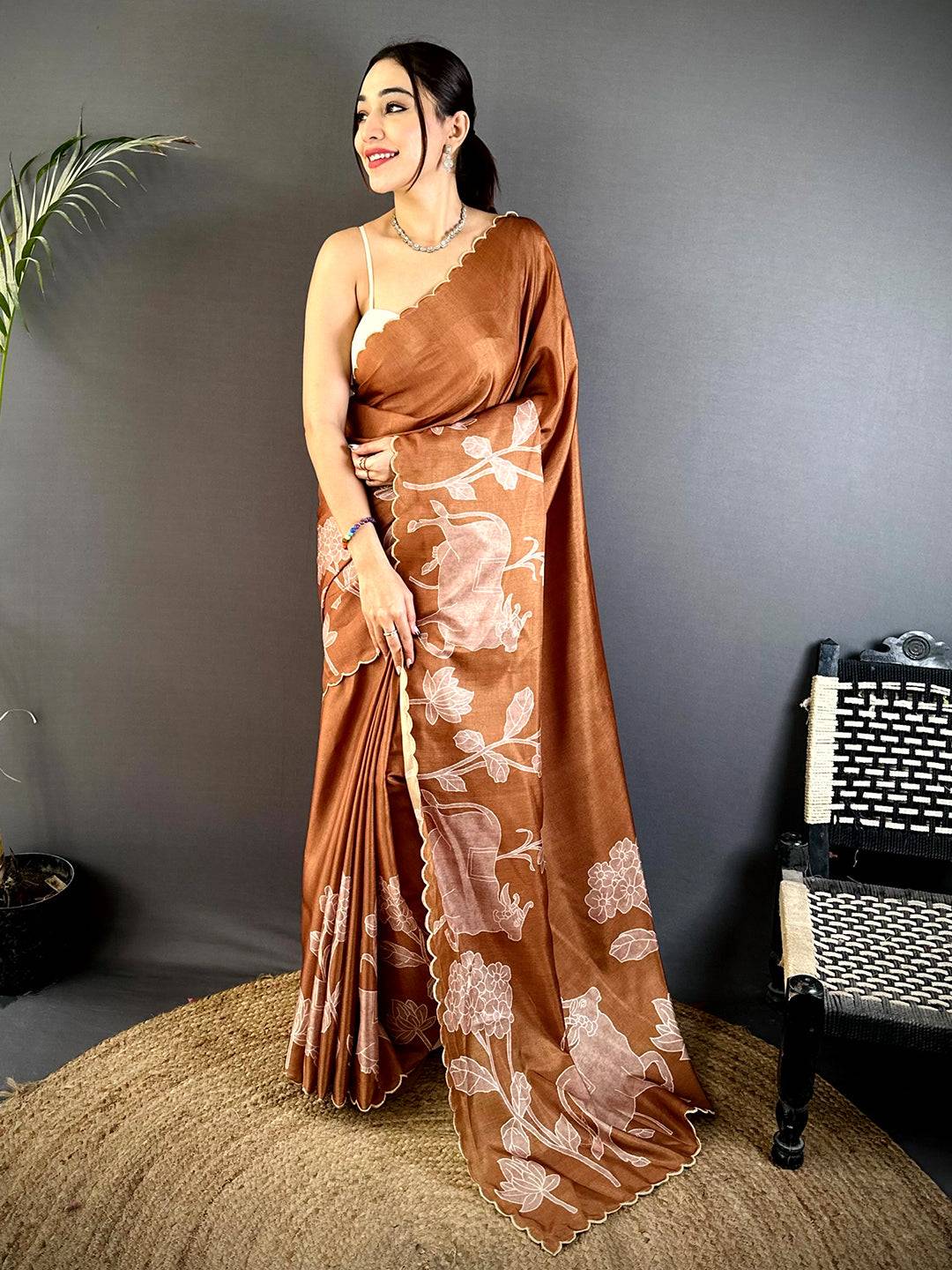 Opulent Tussar Cutwork Digital Saree