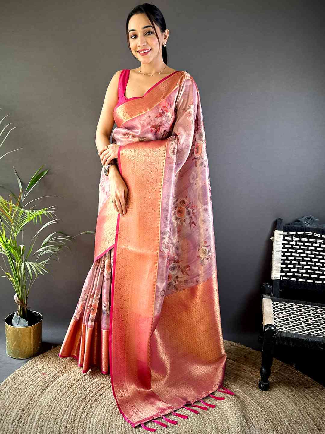 Purple Floral Gold Zari Tissue Saree