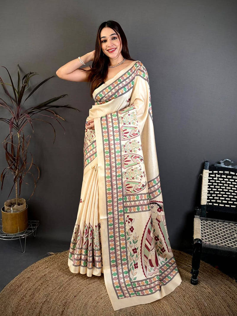 Exclusive Madhubani Print Tussar Saree