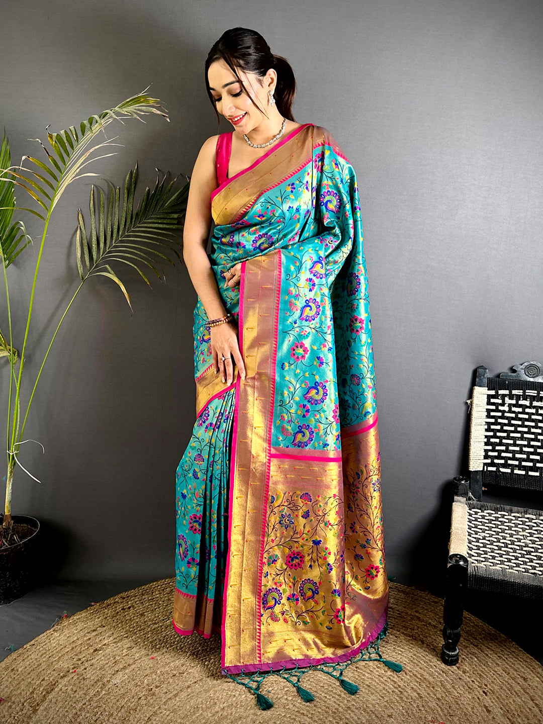 Rama Minakari Weave Soft Paithani Saree With Maggam Blouse