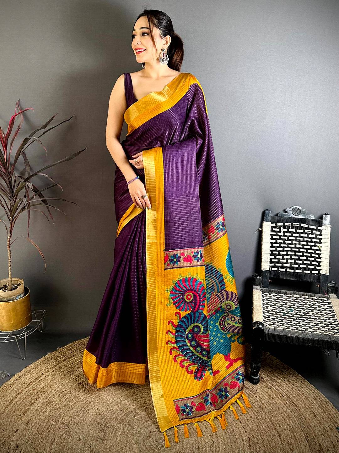 Purple Tussar Zari Chex Kalamkari Saree