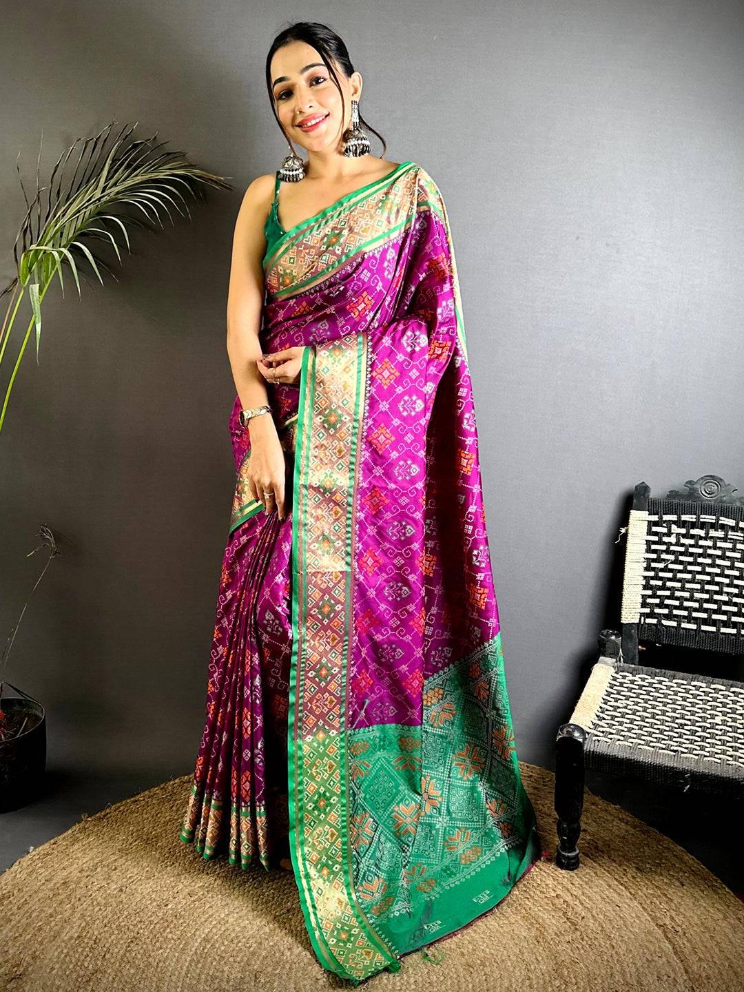 Wine Pochampally Patola Soft Silk Saree