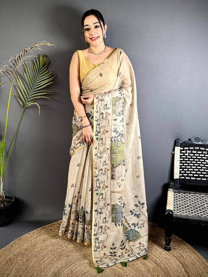 Beige Kalamkari Madhubani Print Saree