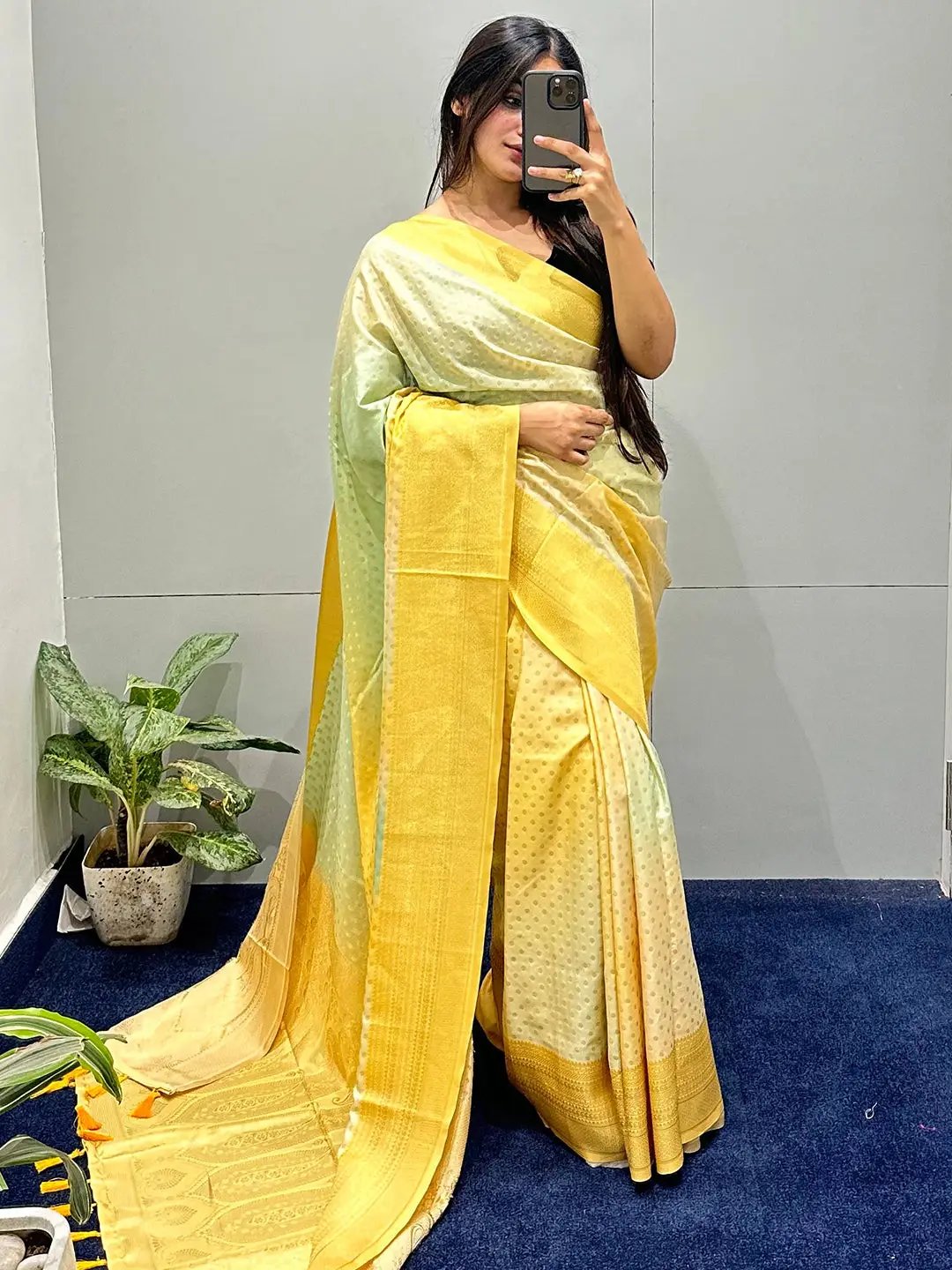 Soft Silk Banarasi Ombre Print Saree in yellow and green