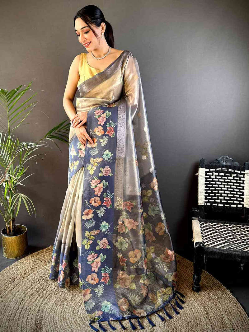 Blue Tissue Digital Floral Saree