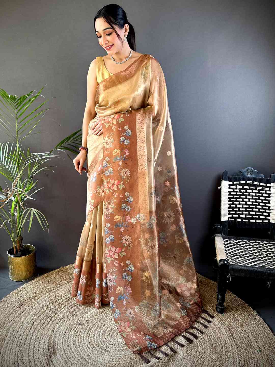 Mustard Tissue Digital Floral Saree