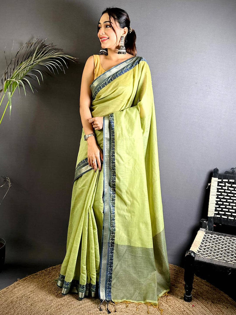 Pure Olive Cotton Linen Saree