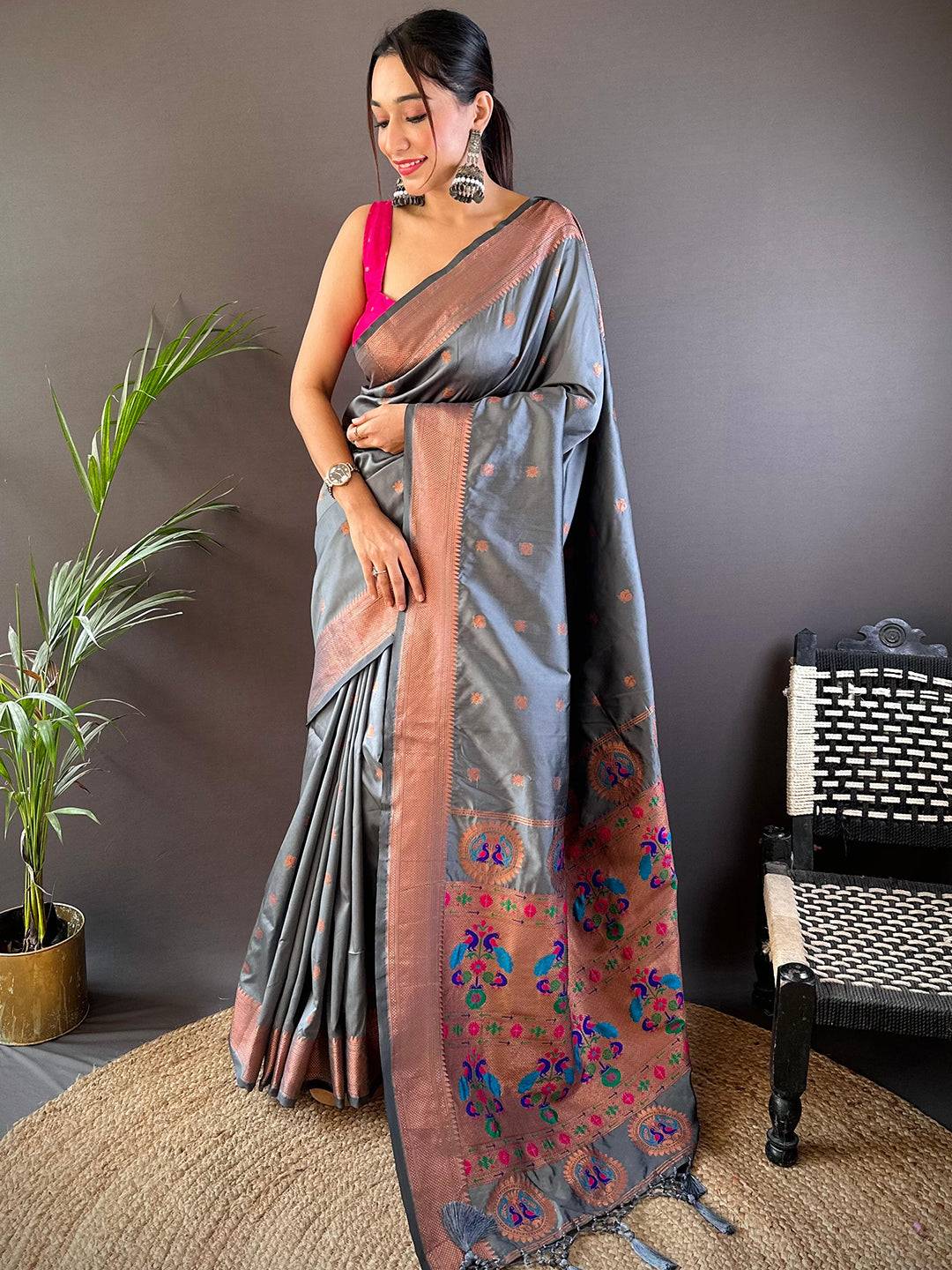 Dark Grey Copper Elegance Soft Silk Saree