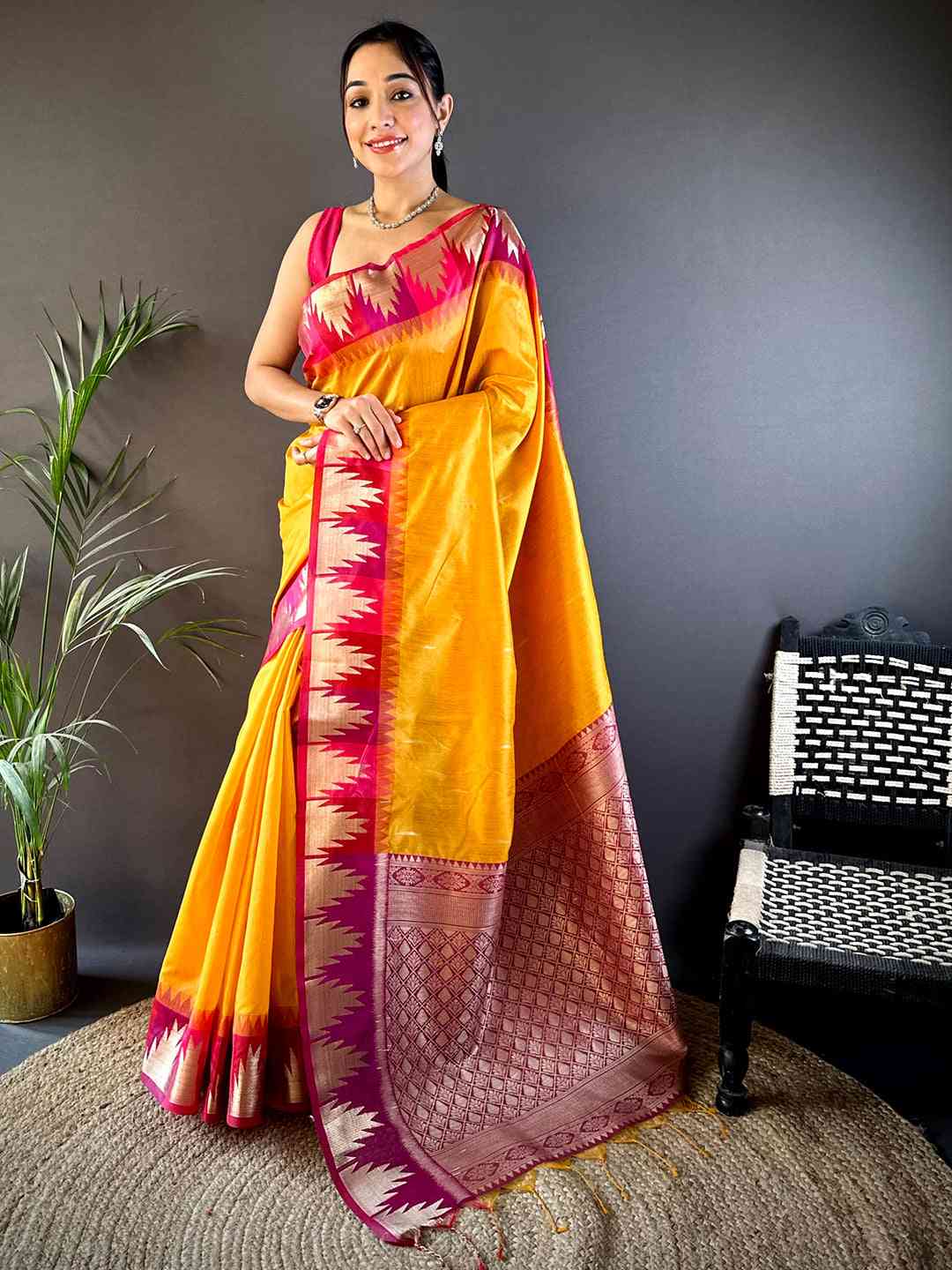 Yellow Banarasi Raw Silk Ikkat Saree