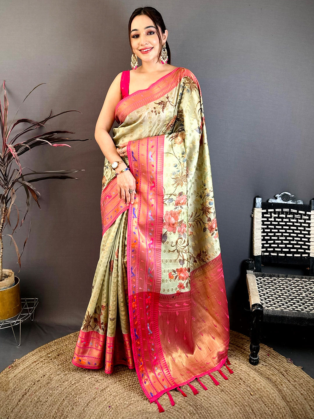Pista Paithani Border Kora Tissue Saree