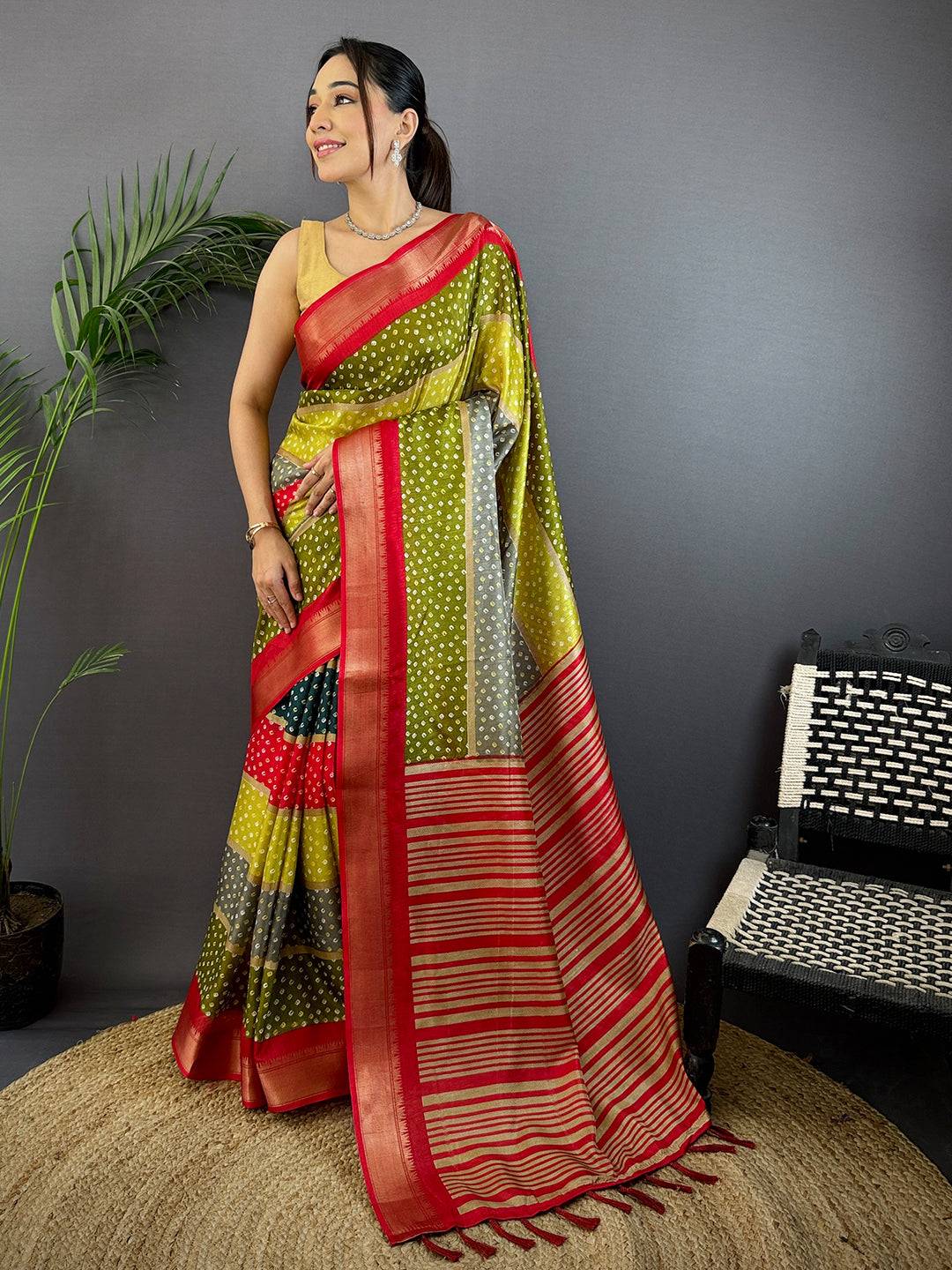 Red Soft Dola Bandhej Print Saree
