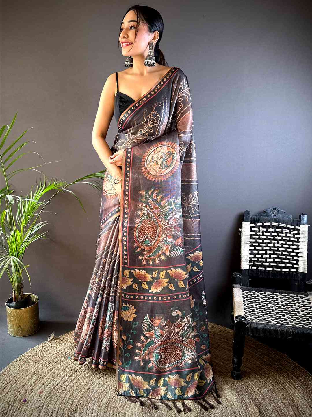 Wine Chanderi Bandhej Digital Print Saree