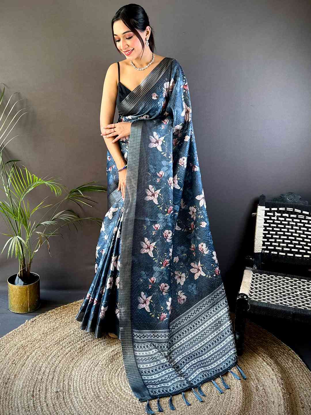 Steel Blue Tissue Chanderi Digital Check Saree