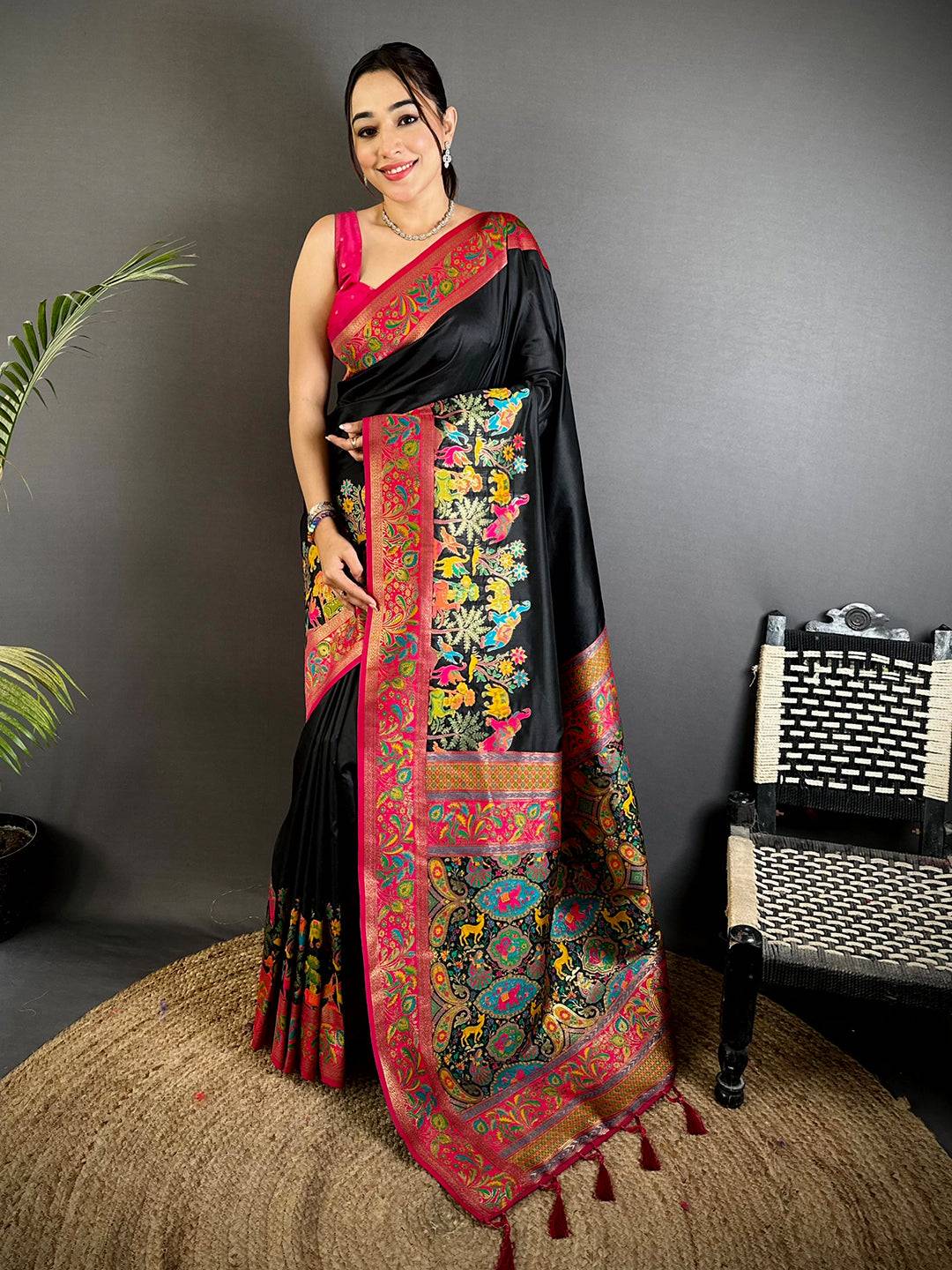 Black Soft Semi Silk Minakari Weave Saree
