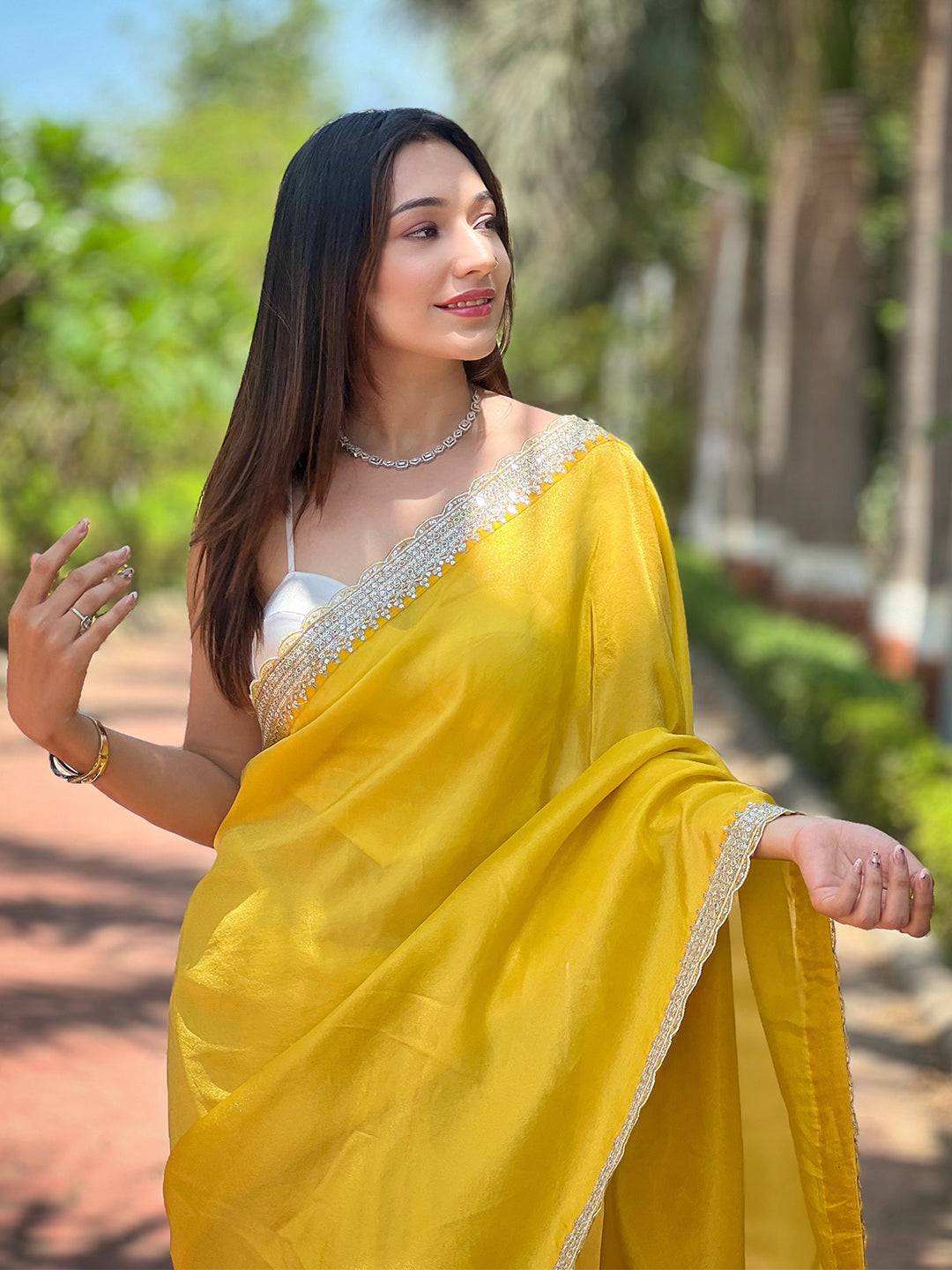Sunset Yellow Pure Viscose Saree with Embroidered Border