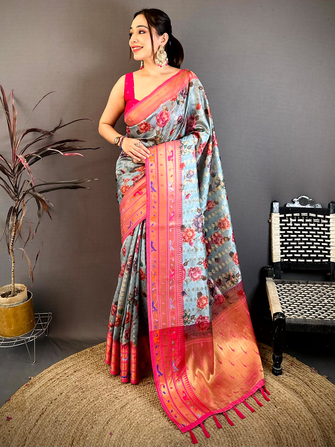 Sky Blue Paithani Border Kora Tissue Saree