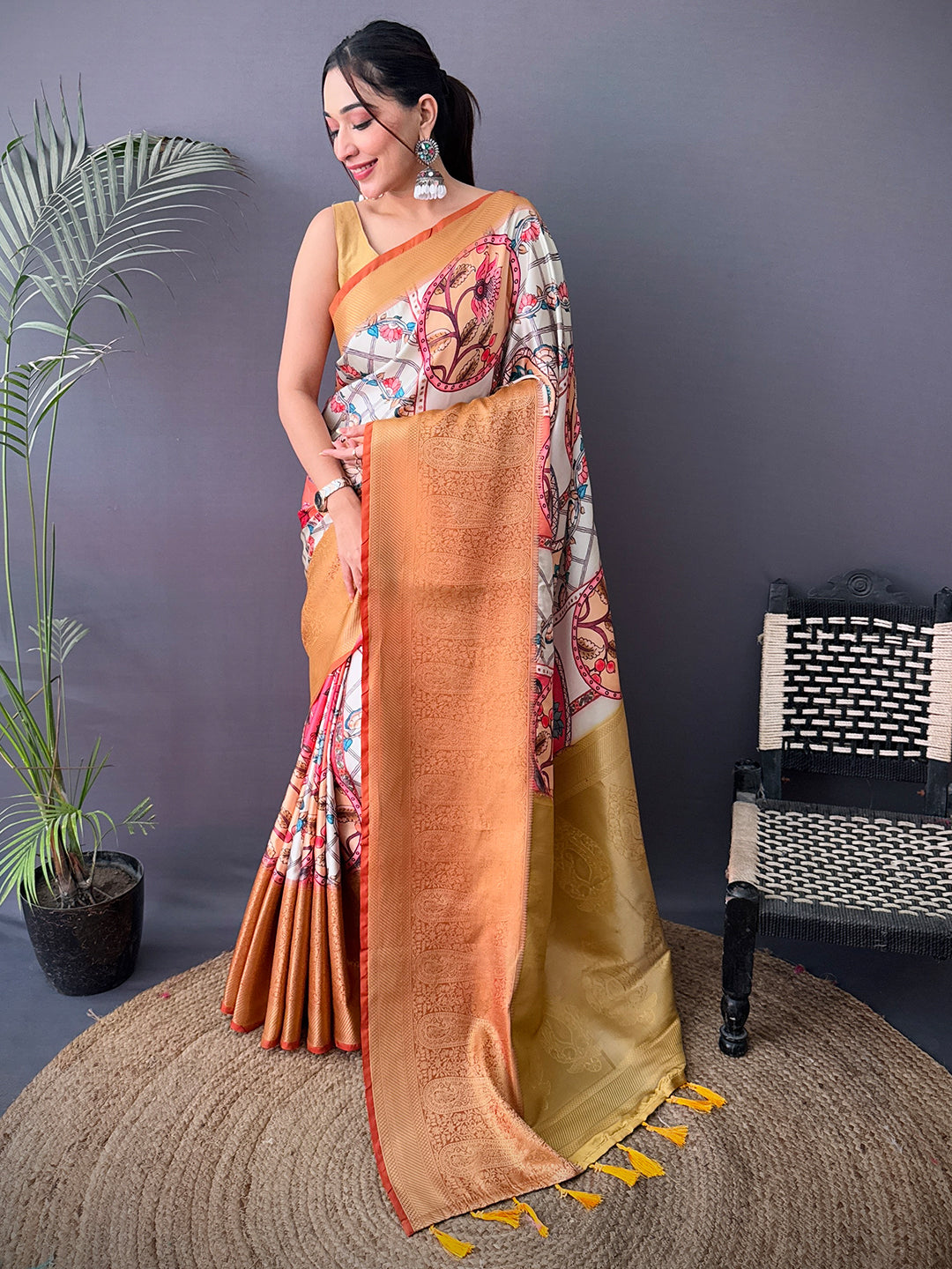 Elegant Cherry Satin Kalamkari Printed Saree