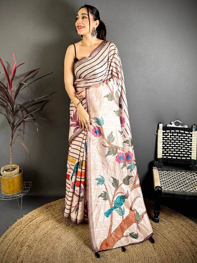 Beige Tussar Ghicha Floral Bird Saree