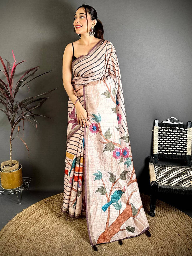 Beige Tussar Ghicha Floral Bird Saree