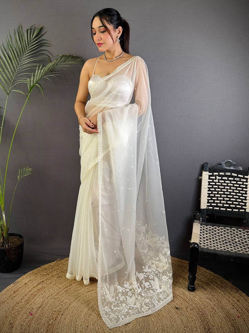 White Soft Chiffon Chikankari Work Saree