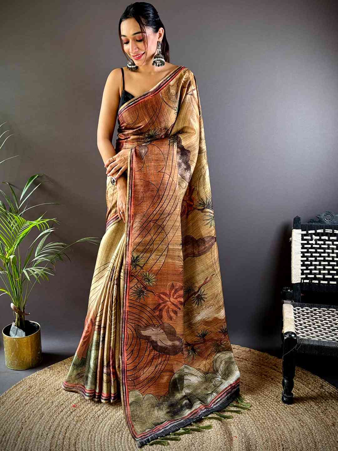 Brown Tissue Chanderi Floral Abstract Saree
