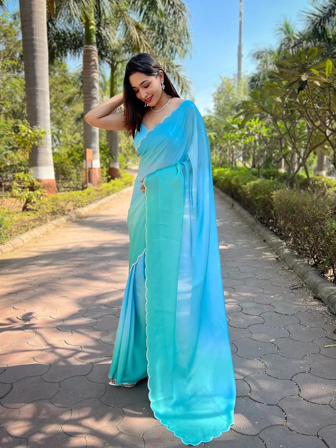 Sky Blue Colour Satin Georgette Saree with Ombre Print