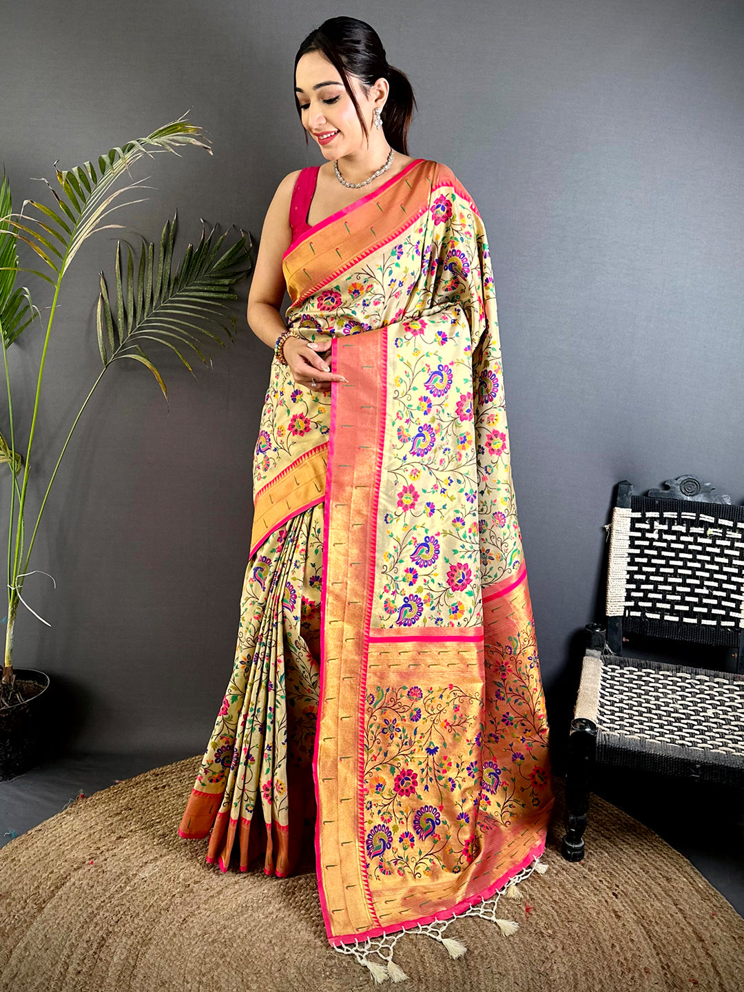 Cream Minakari Weave Soft Paithani Saree