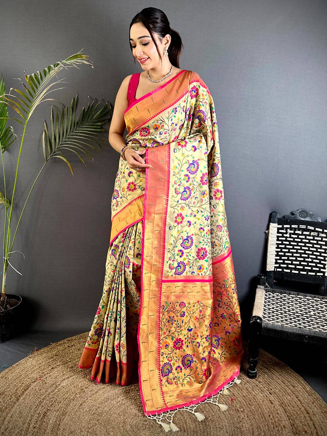 Cream Minakari Weave Soft Paithani Saree