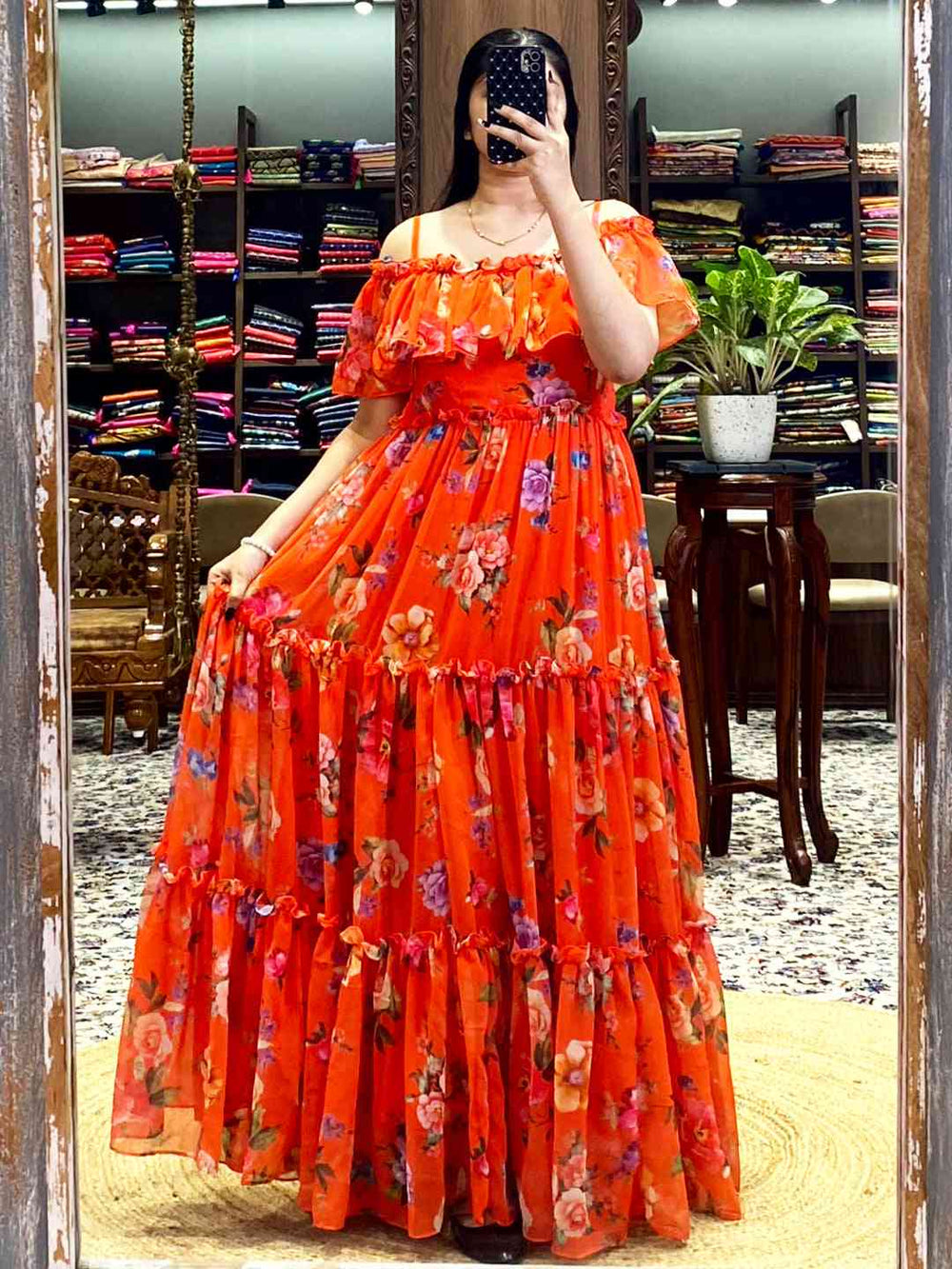 Sunny Orange Georgette Floral Dress