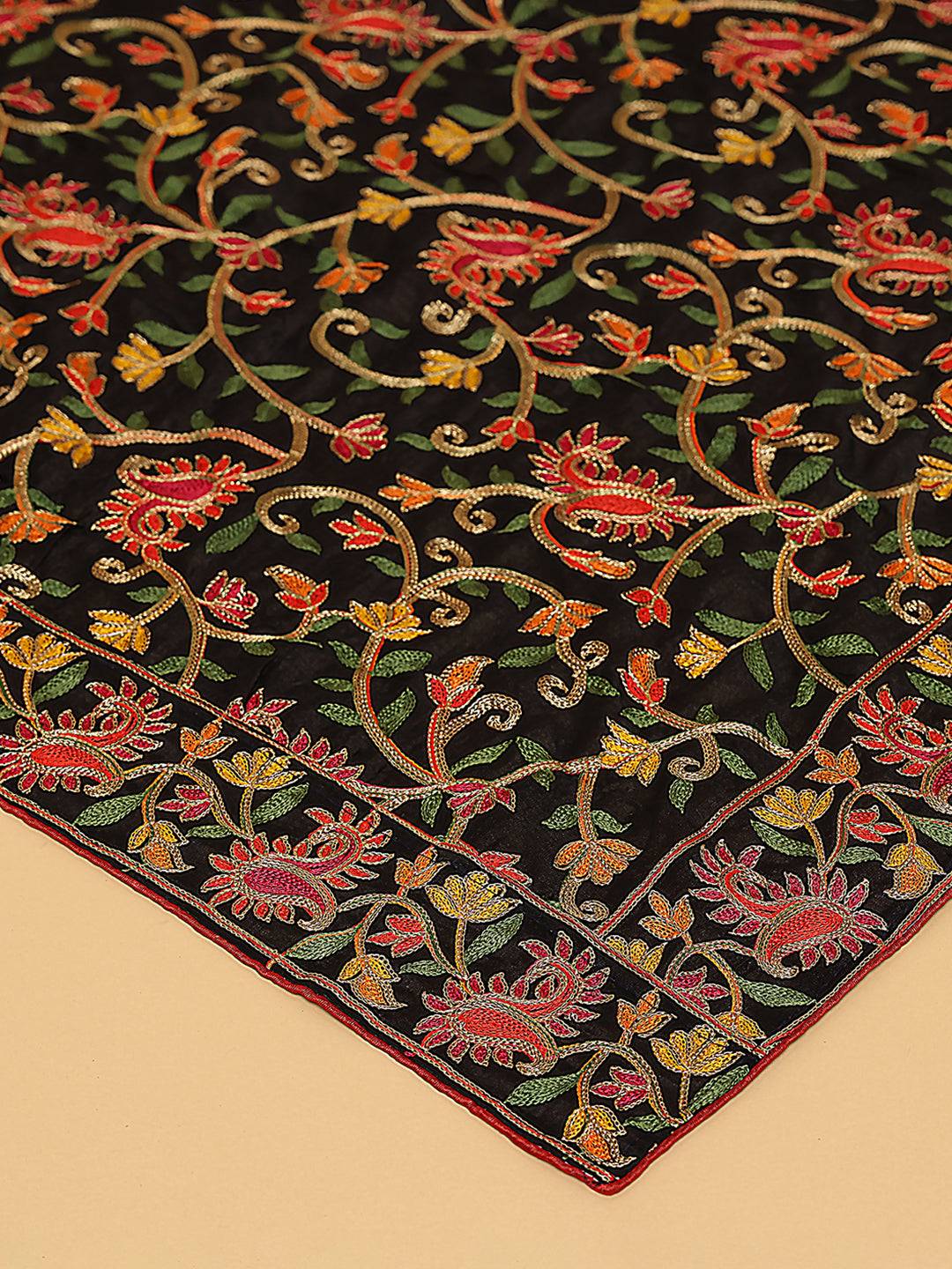 Close-up of black chiffon dupatta with detailed threadwork