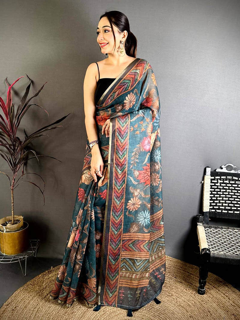 Teal Kalamkari Linen Chanderi Saree
