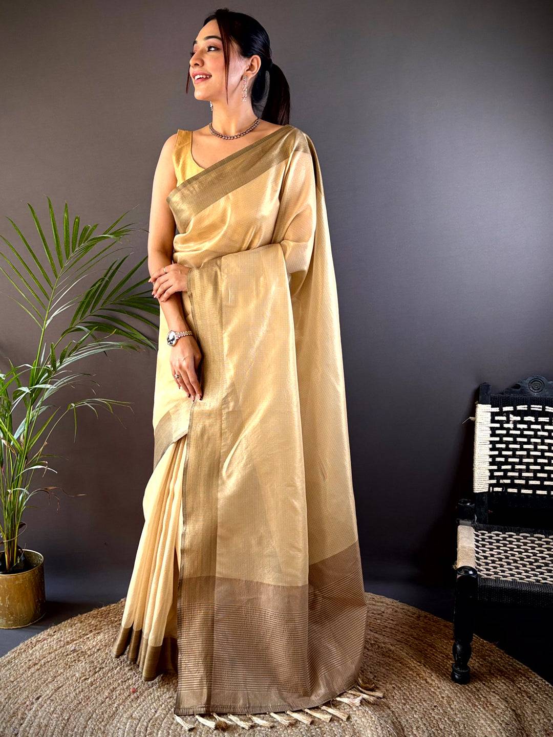 Gold Banarasi Tissue Silk Butti Design Saree