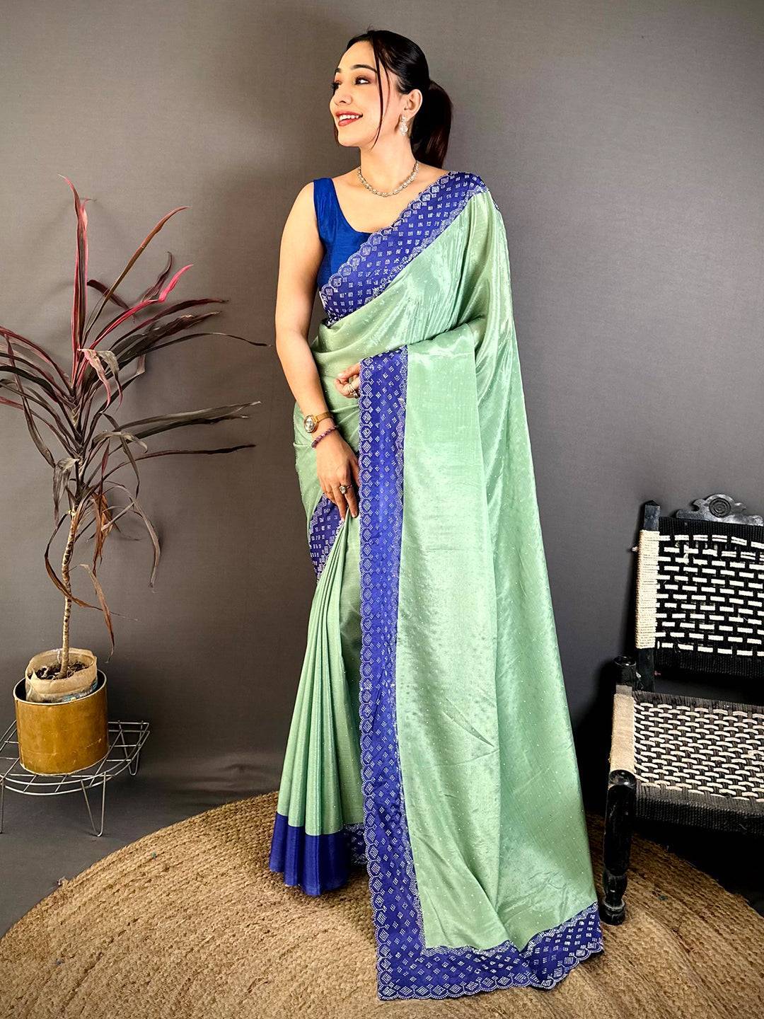 Pista Poly Chiffon Diamond Stone Work Saree