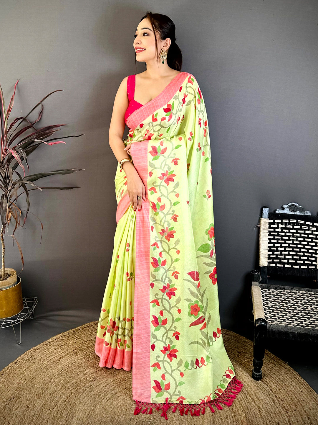 Jamdani Light Green Colour Floral Print Solid Saree