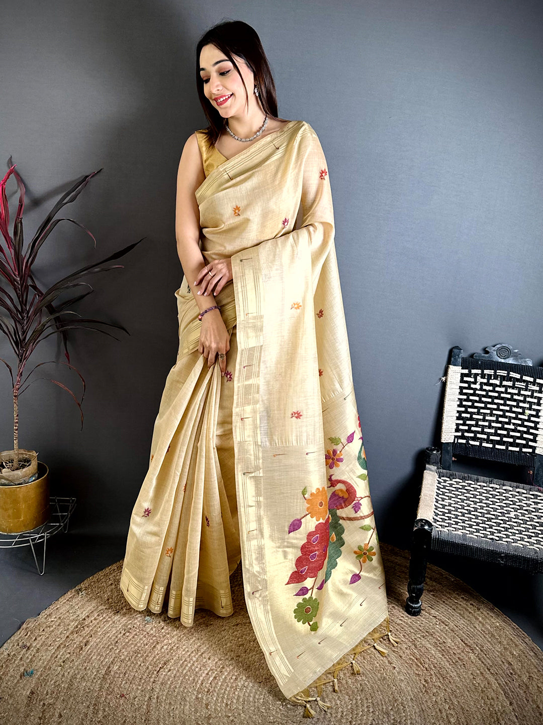 Cream Munia Minakari Khadi Saree