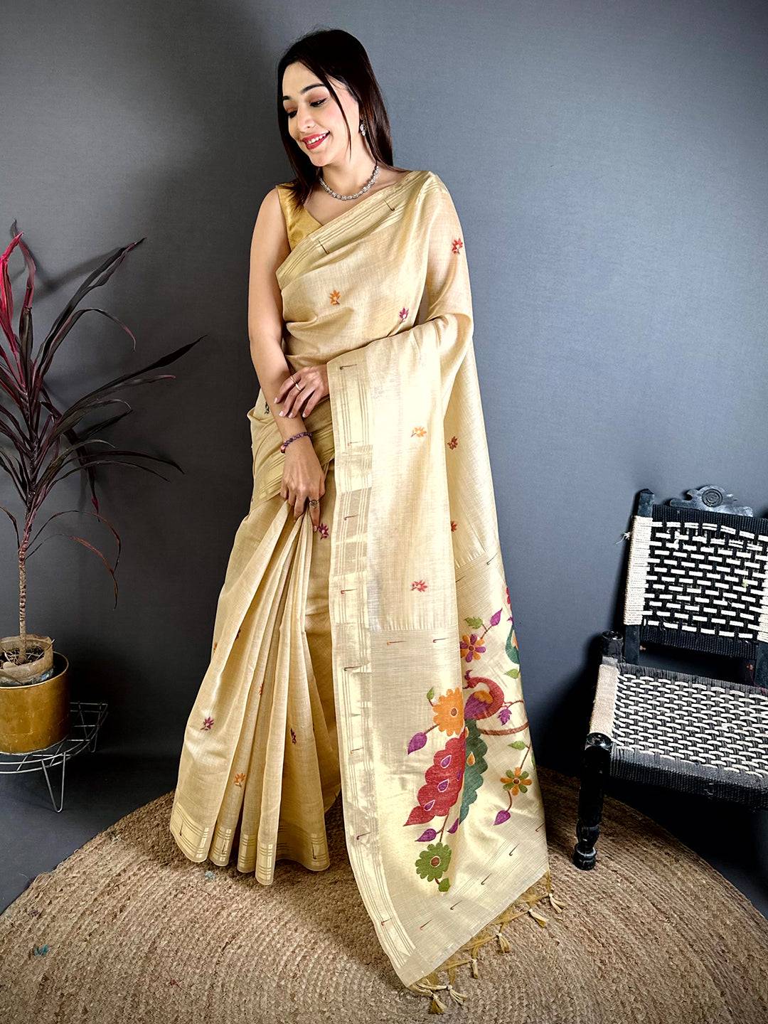 Cream Munia Minakari Khadi Saree