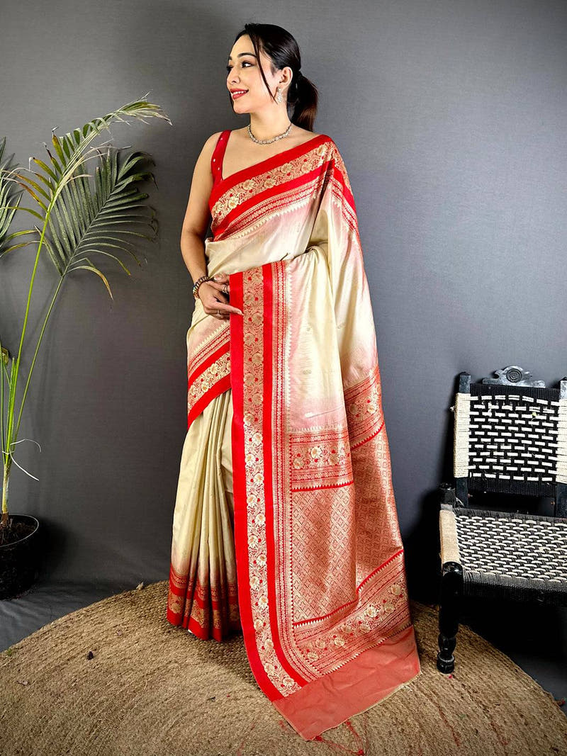 Gold Zari Woven Cream Soft Silk Saree