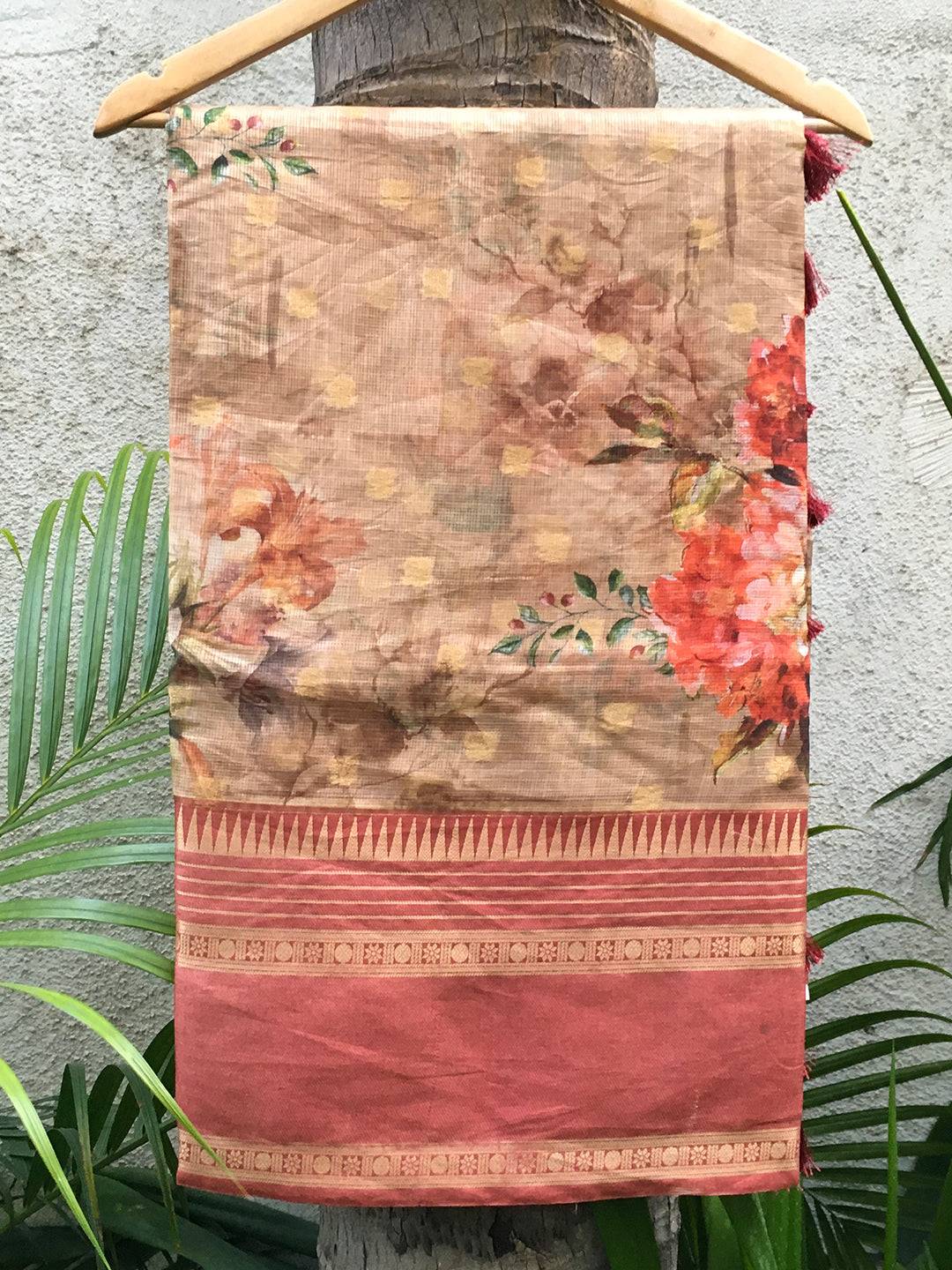 Kota Doriya Fawn Brown Floral Printed Saree on hanger