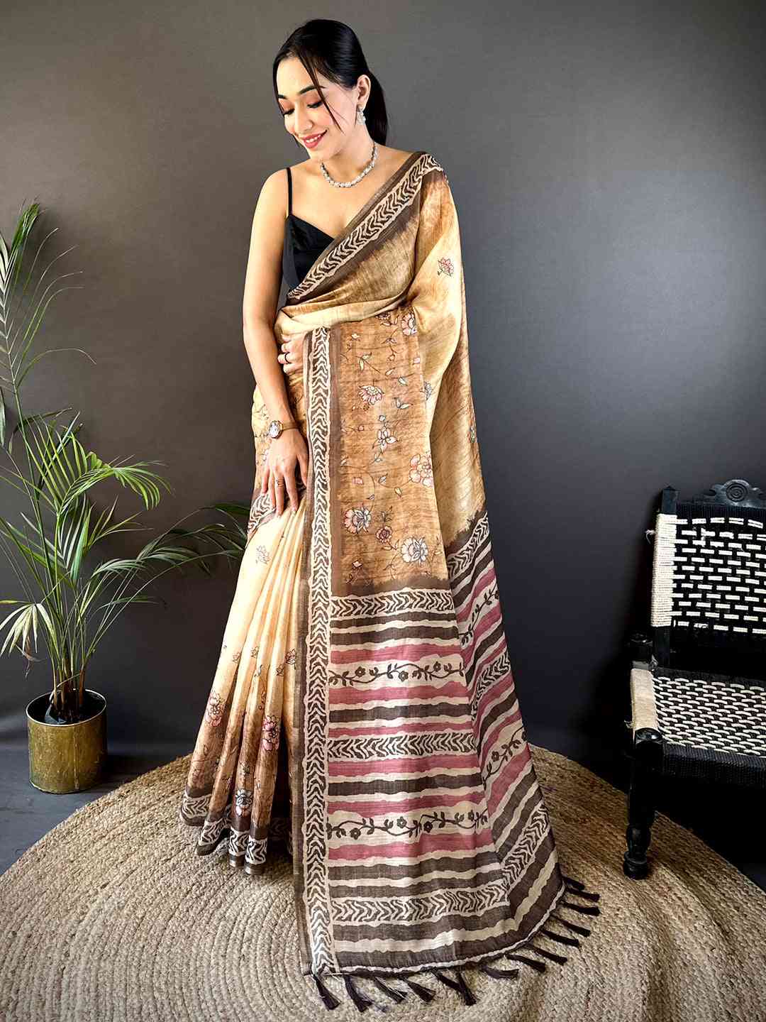 Beige Tissue Digital Print Saree