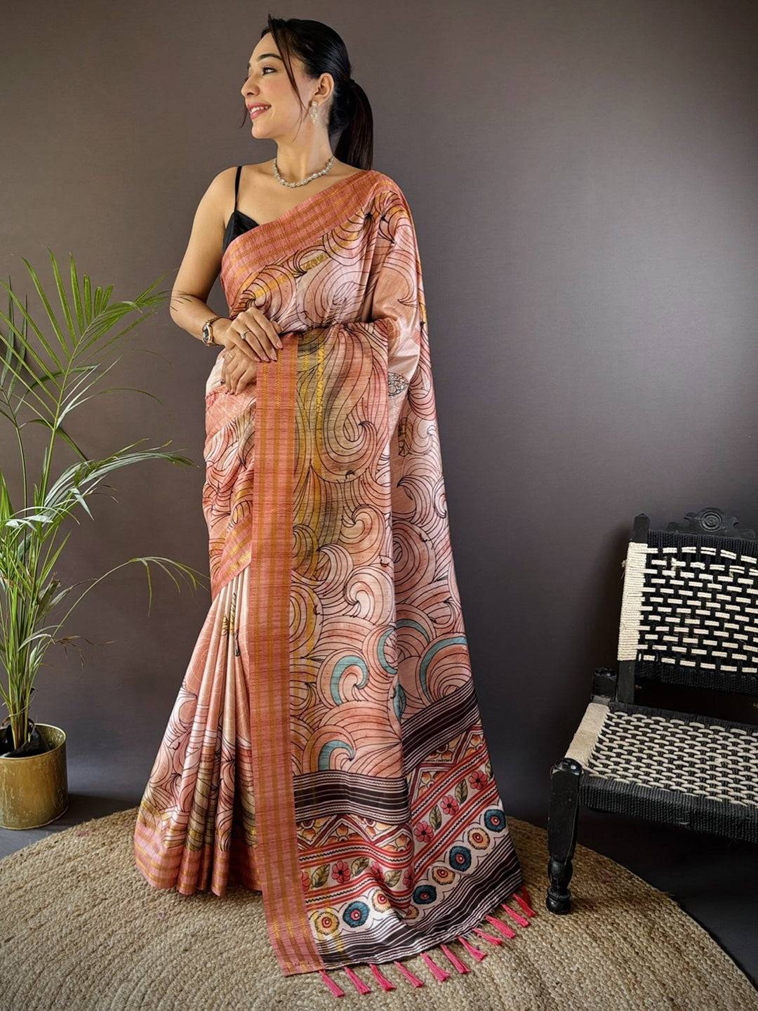 Pink Soft Silk Ocean Wave Patterns Saree
