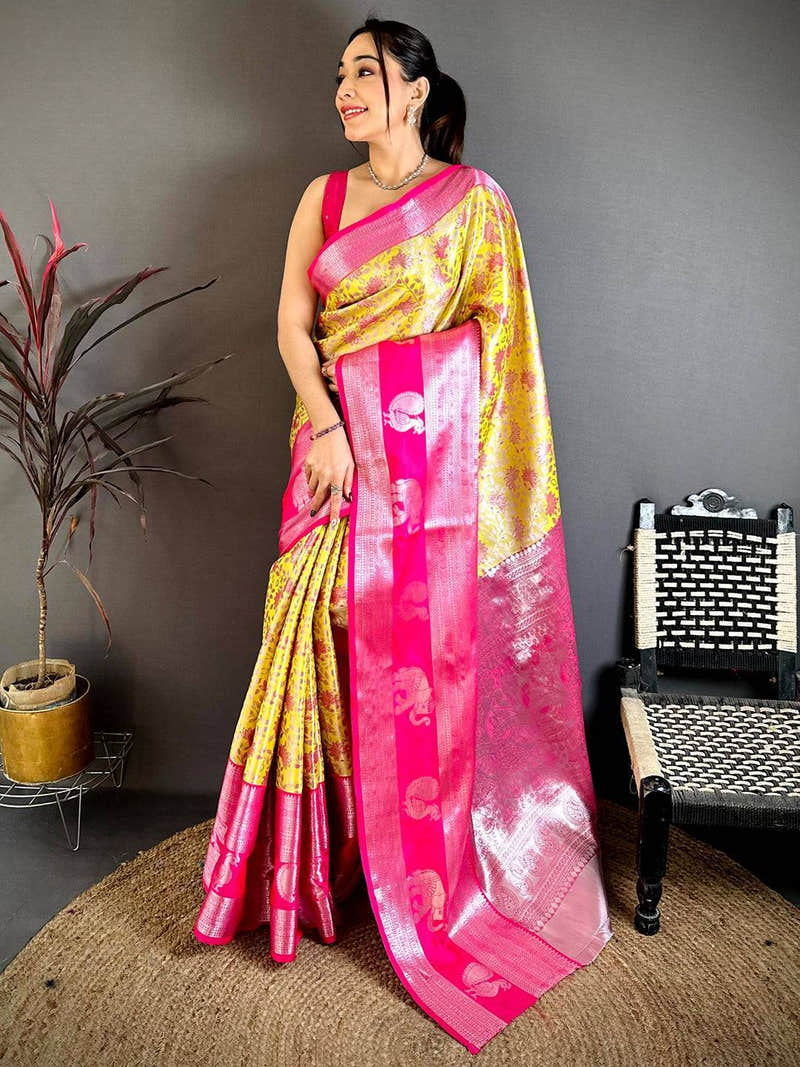 Mustard Dharmavaram Double Ikkat Saree