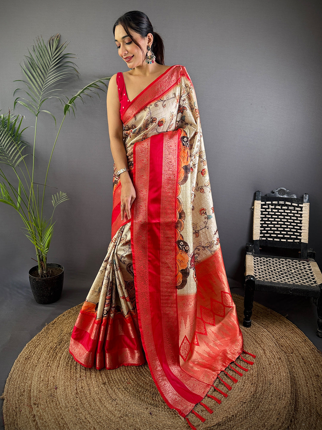 Ethereal Cream Kalamkari Printed Saree