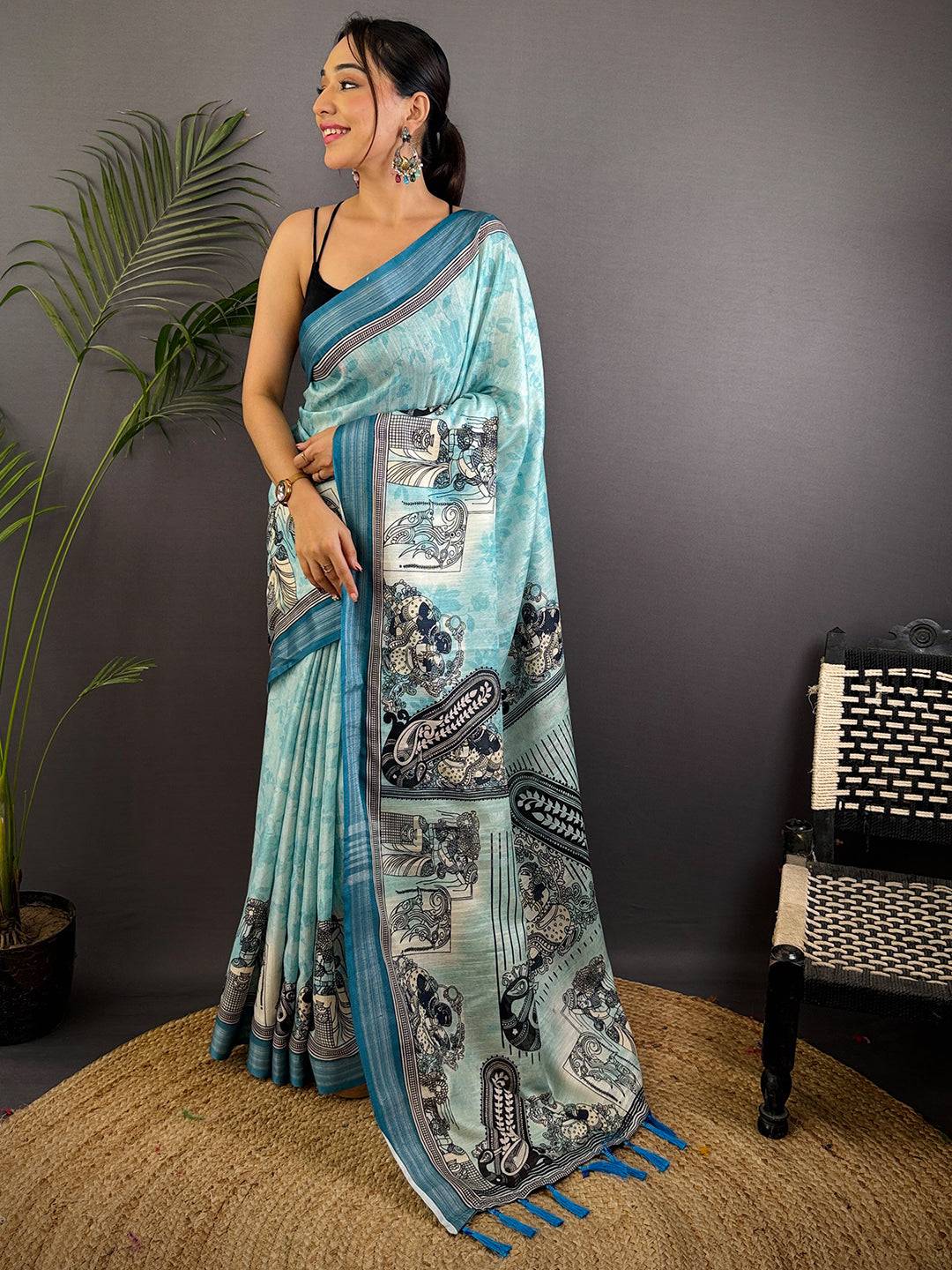 Sky Blue Linen Kalamkari Printed Saree