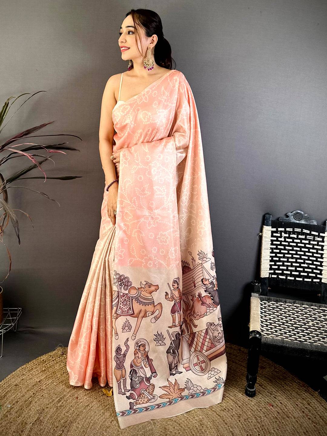 Peach Kalamkari Bandhej Chiffon Saree