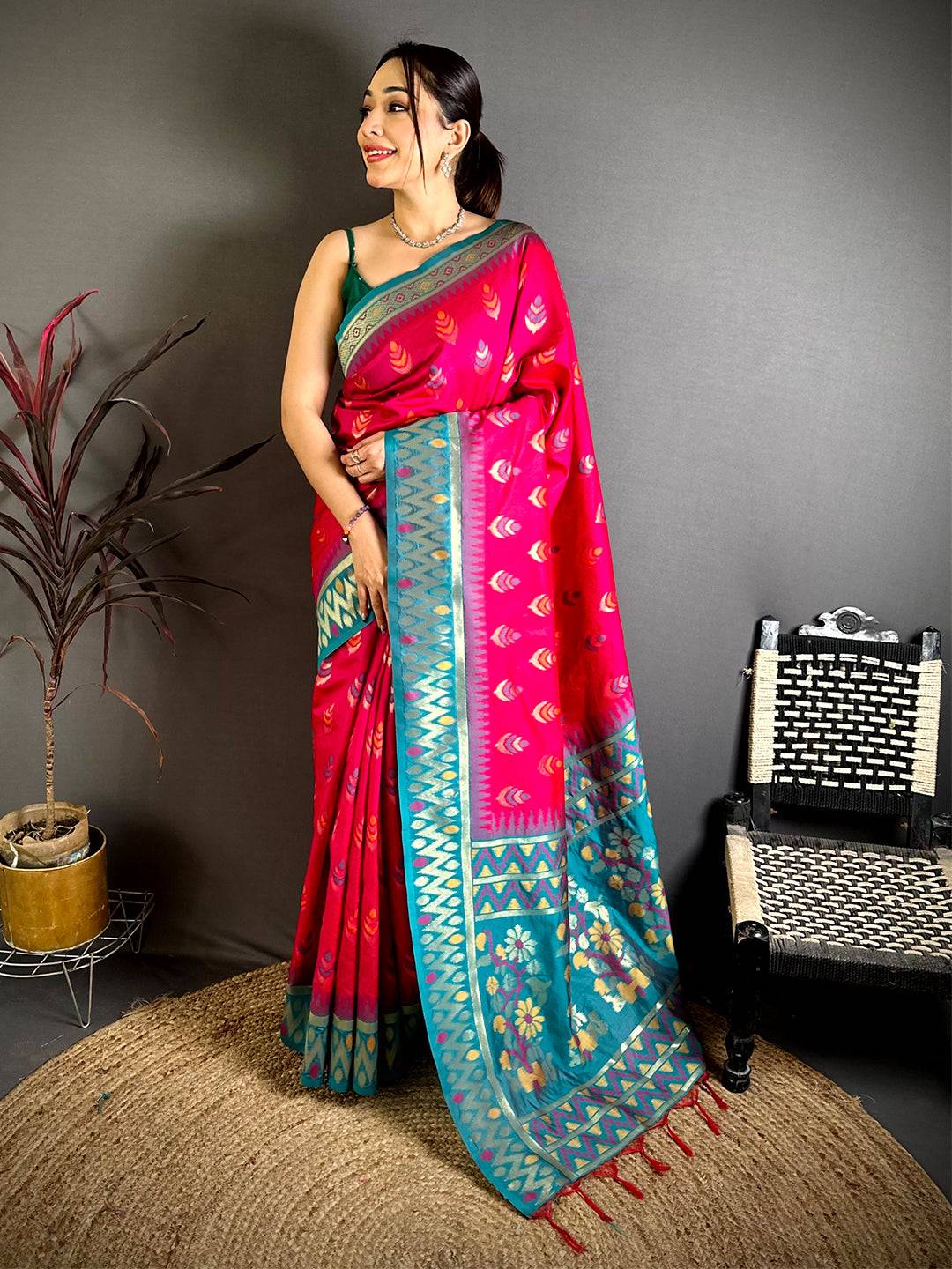 Rani Ikkat Minakari Soft Silk Saree